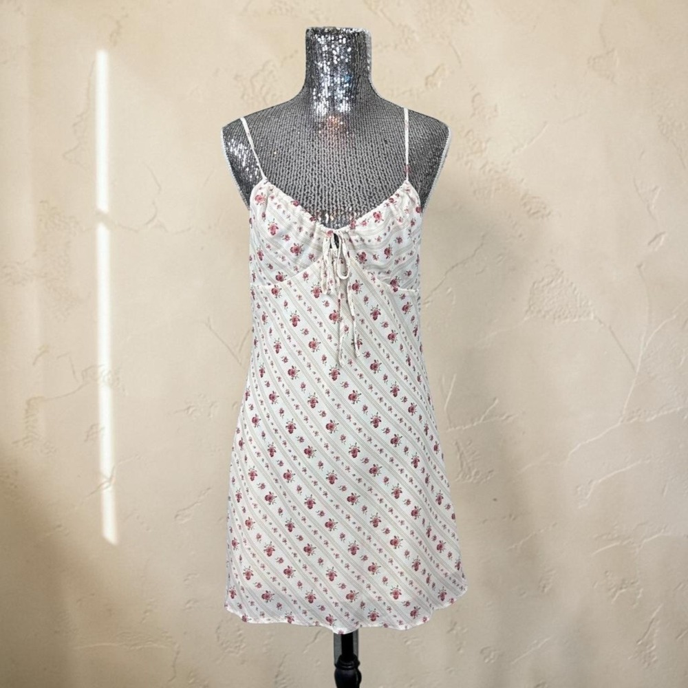 Floral Mini Dress Coquette Babydoll Sleeveless V Neck Ruched‎ Bust Bow Tie XL